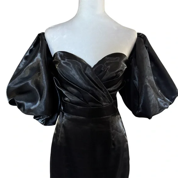 Beulah Style Black Off Shoulder Satin Midi Dress Puff Sleeves - Picture 4 of 16